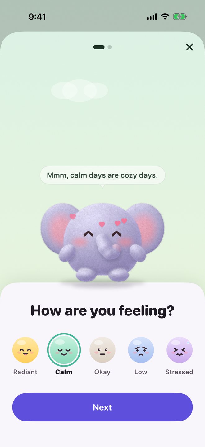Check-in screen asking 'How are you feeling?' with Calm selected; Peanut, surrounded by hearts, says 'Mmm, calm days are cozy days.'